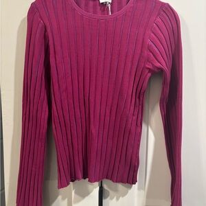 ecru Ribbed Long-Sleeve Top in Magenta size medium